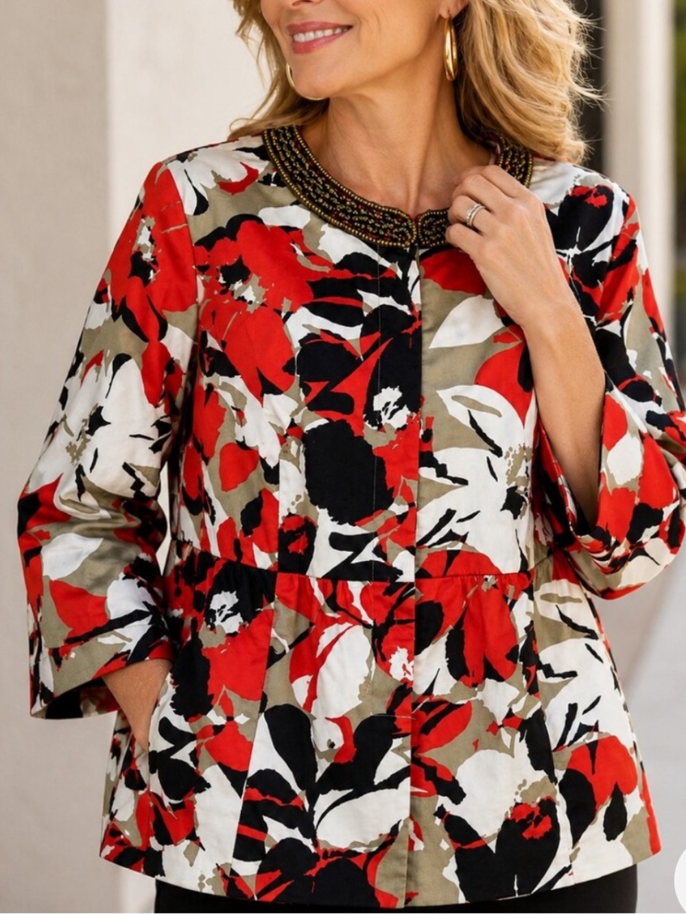 Lane Bryant Floral Beaded Career Blazer Jacket Orange Black White Sz 18 NWT